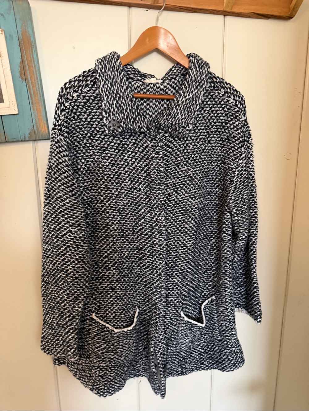 Eileen Fisher M Organic Cotton Chunky Marled Cardigan Sweater Black White
